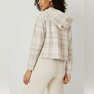 Ann Taylor Plaid Jacquard Beige Lavender Sweater Hoodie Cotton Blend Size XL EUC